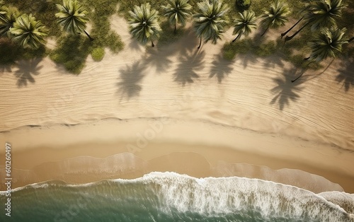 Waves and palm trees on the tropical sandy beach, top view created with Generative AI technology