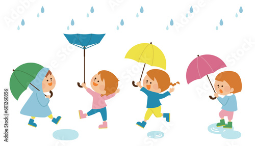 Foto 梅雨　傘をさす子供達のイラスト　セット素材