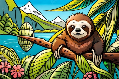 a sloth sitting alone, relaxing in the light morning.Comic style Generative AI.