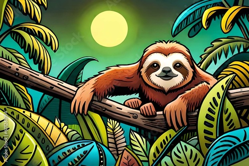 a sloth relaxing and rest in a tree at come night.Comic style Generative AI.