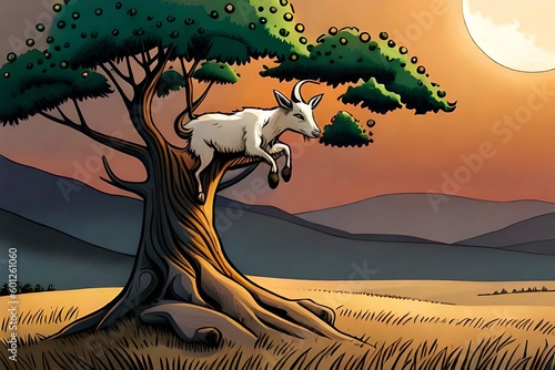 A tree climbing goat in the afternoon is up in a tree alone evening.Comic style Generative AI.