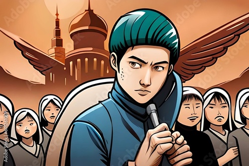 a young man in china is holding a microphone and about to start a conversation to public.Comic style Generative AI.