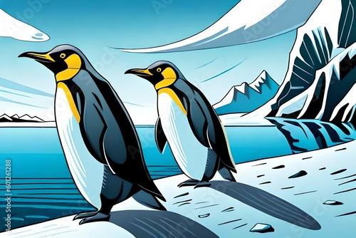 two penguins are walking towards the ocean sea, they are in icy Antarctica.Comic style Generative AI.