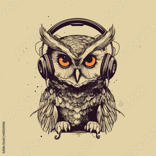 Owl with headphone earphone music hipster cool style vintage retro logo badge vector illustration