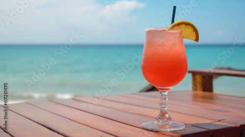 Paloma cocktail on background with blue sea and sky tropical background. Generative AI