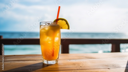 Long Island Iced Tea cocktail on background with blue sea and sky tropical background. Generative AI