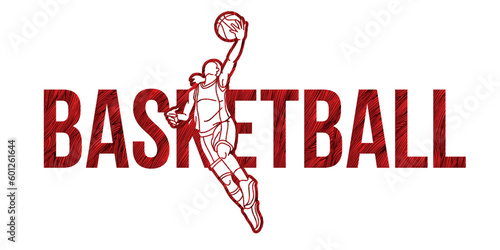 Basketball Font Text Design with Female Sport Player Cartoon Graphic Vector