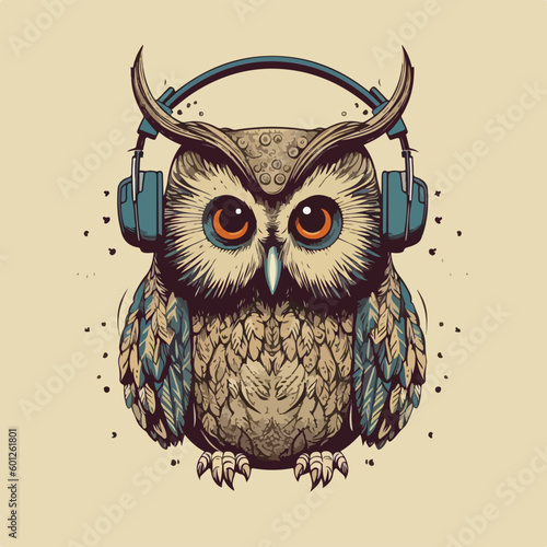 Owl with headphone earphone music hipster cool style vintage retro logo badge vector illustration