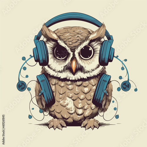 Owl with headphone earphone music hipster cool style vintage retro logo badge vector illustration