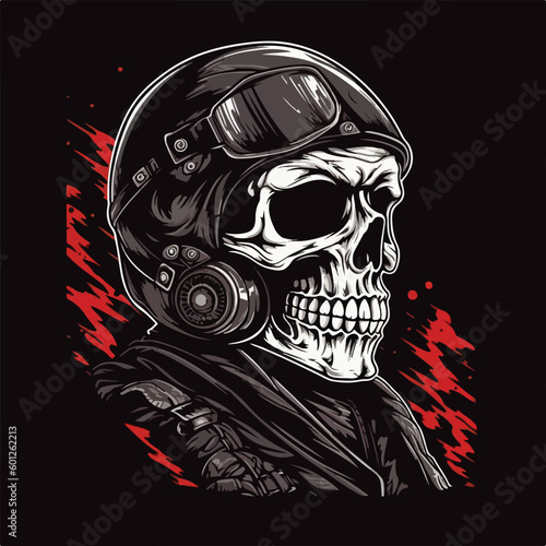 Skull biker head wearing classic helmet vintage retro logo badge vector illustration