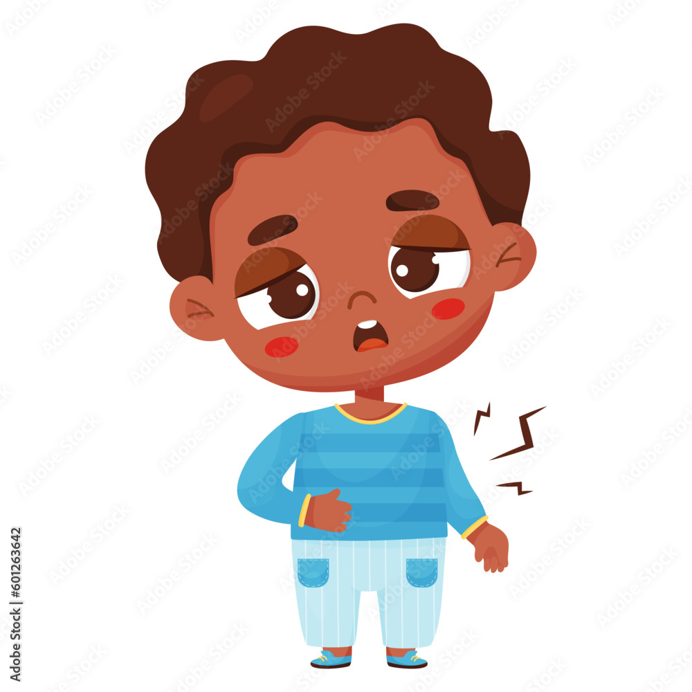 Suffering sick black ethnic boy. Keeps hand on belly. Vector illustration in cartoon style. Sad child character Suffering sick black ethnic boy. Keeps hand on belly. Vector illustration in cartoon style. Sad child character