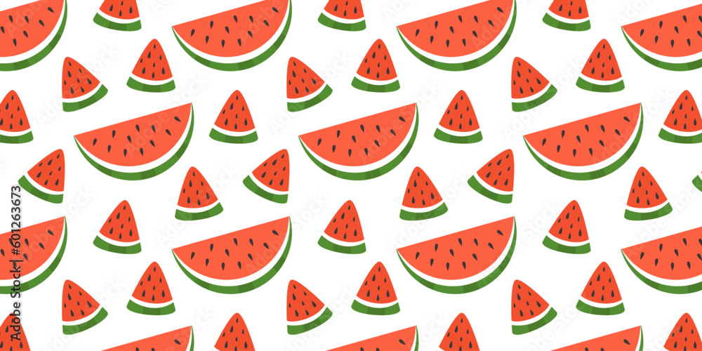 Colored red slice Watermelon seamless pattern. Summer tropical fruit repeating print. Organic background, texture for textile, fabric, wrapping. Flat graphic vector illustration Colored red slice Watermelon seamless pattern. Summer tropical fruit repeating print. Organic background, texture for textile, fabric, wrapping. Flat graphic vector illustration