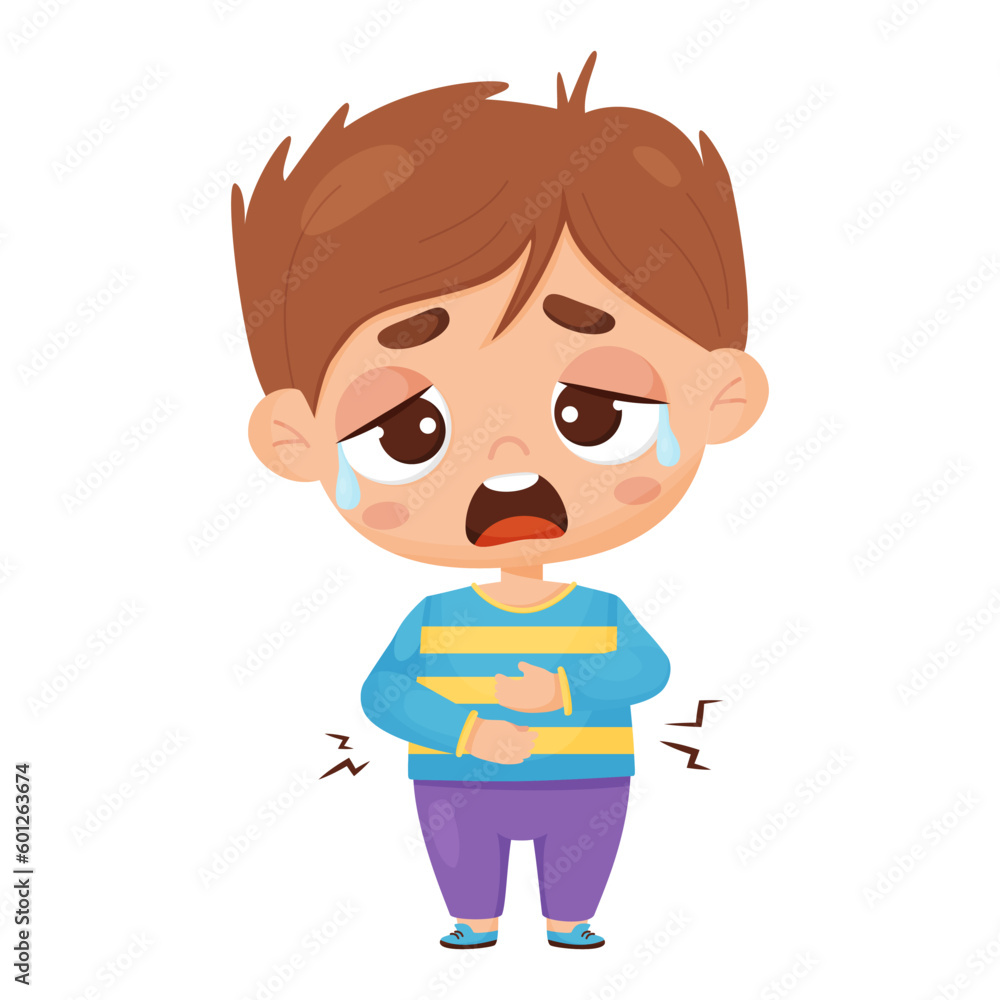 Suffering sick boy. Child is crying and holding his stomach. Pain in the stomach and abdomen. Vector illustration. Sad male kid character in cartoon style Suffering sick boy. Child is crying and holding his stomach. Pain in the stomach and abdomen. Vector illustration. Sad male kid character in cartoon style