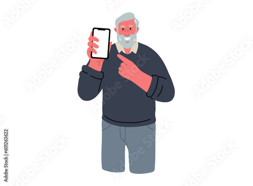 Senior man showing on mobile phone and smile.Vector Illustration