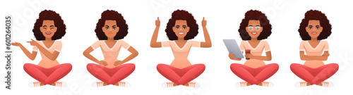 Set of a beautiful black happy girl sits cross-legged and points to something, displeased, shows a gesture of approval, with a tablet and a glass of coffee in her hands. Slender African woman sits