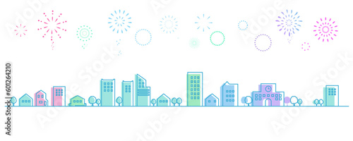 シンプルな街並みのシルエットと花火のイラスト　背景イラスト　都市景観　線画	
