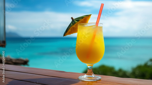 Electric Lemonade cocktail on background with blue sea and sky tropical background. Generative AI