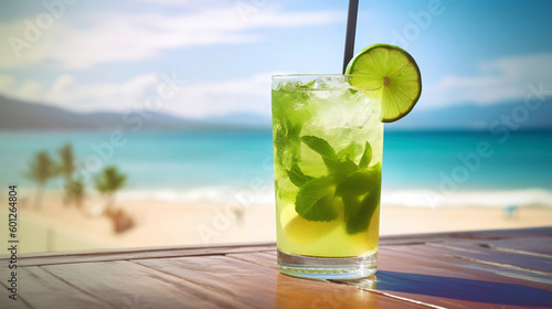 Classic Mojito cocktail on background with blue sea and sky tropical background. Generative AI