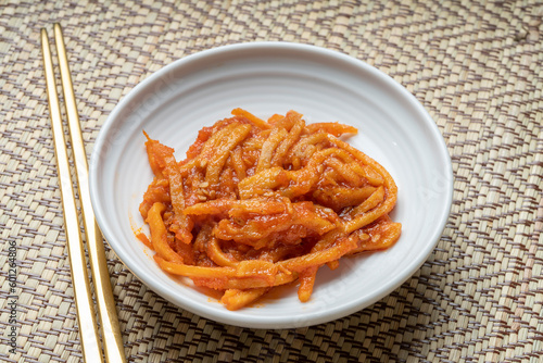 Korean food side dishes, Stir-fried Squid, Kimchi Korean traditional food.