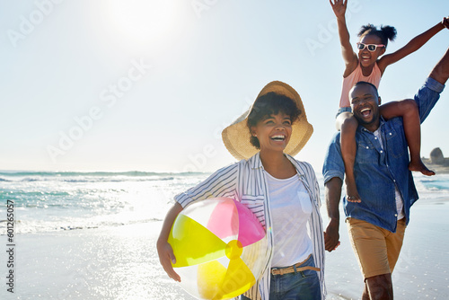 Konstfotografi Black family, beach ball and summer at the beach while happy and walking together holding hands