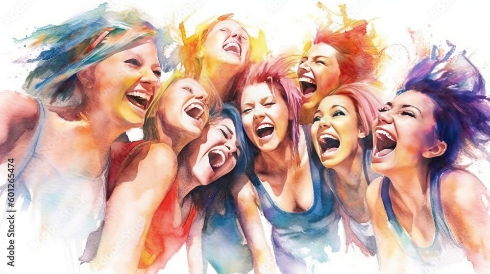 Oil pastel painting of a Group of adult girls, happy and excited, style of website design, blank white background, cute, mixed nationality, Generative AI technology