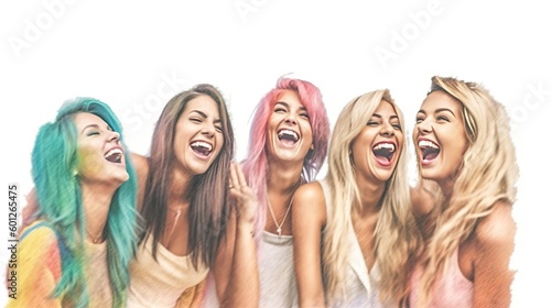 Oil pastel painting of a Group of adult girls, happy and excited, style of website design, blank white background, cute, mixed nationality, Generative AI technology