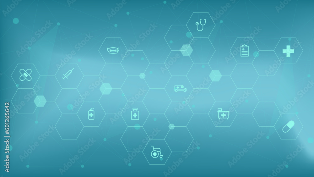 Healthcare and medical innovation background with dots lines connection and icons