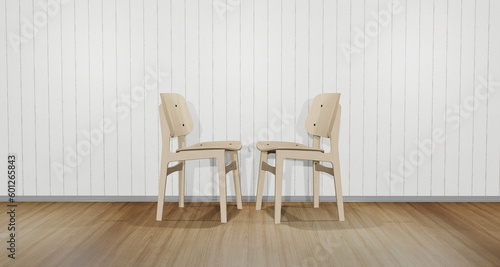 Two chairs facing each other. The interior of the property is a warm scene with wooden floor patterns. With free space for products or messages Modern white chair 3d illustration