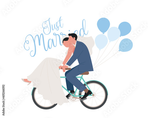wedding day. A couple in a wedding dress is riding a bicycle romantically.