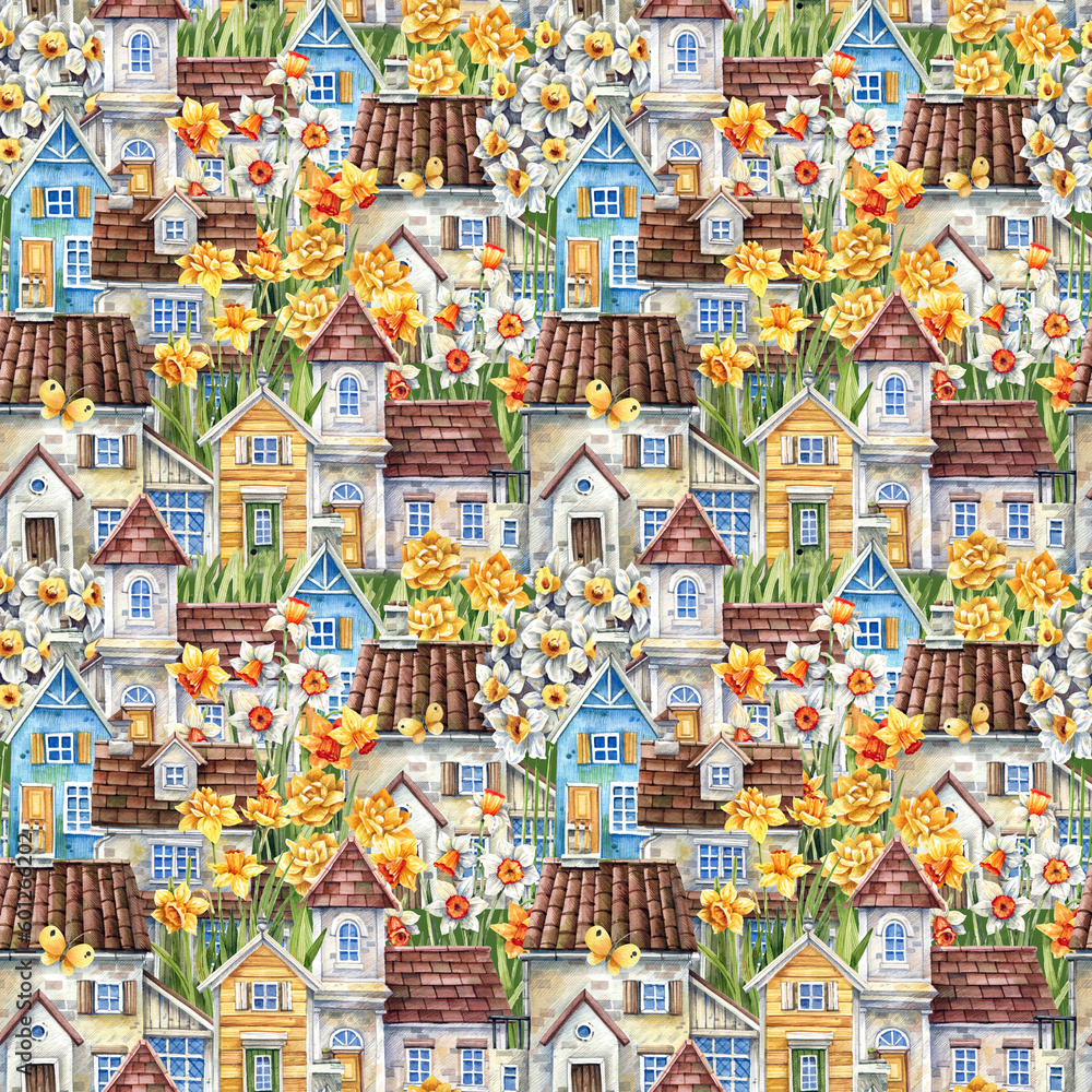 Hand-drawn seamless pattern with European vintage houses and daffodil flowers. Cute, yellow, blue and white houses on a background of flowers background.
