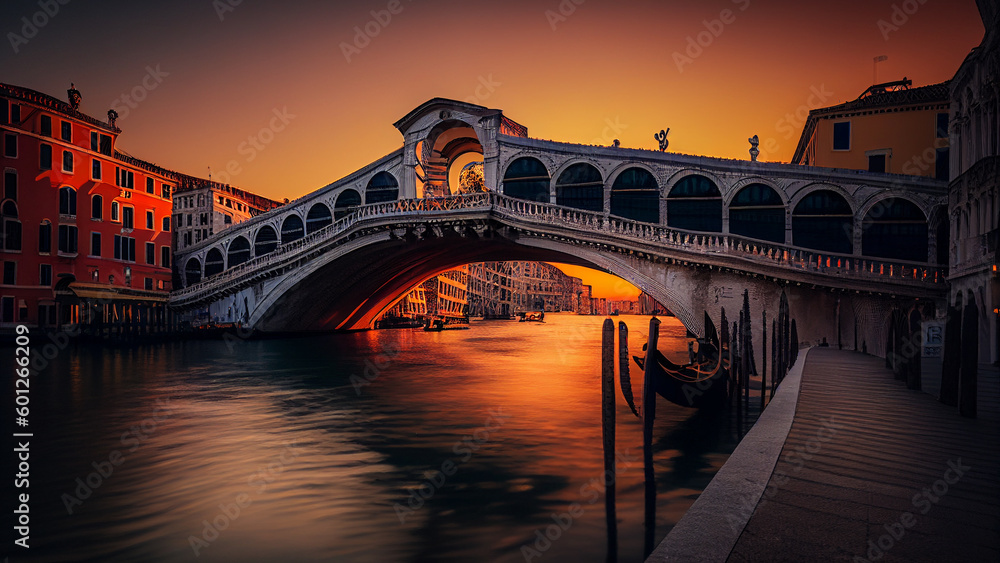 The Rialto Bridge and the Grand Canal Venice Italy. Generative Ai Art Illustration.