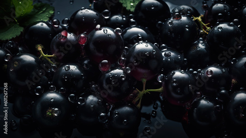 Fresh ripe blackcurrant with water drops background. Berries backdrop. Generative AI photo