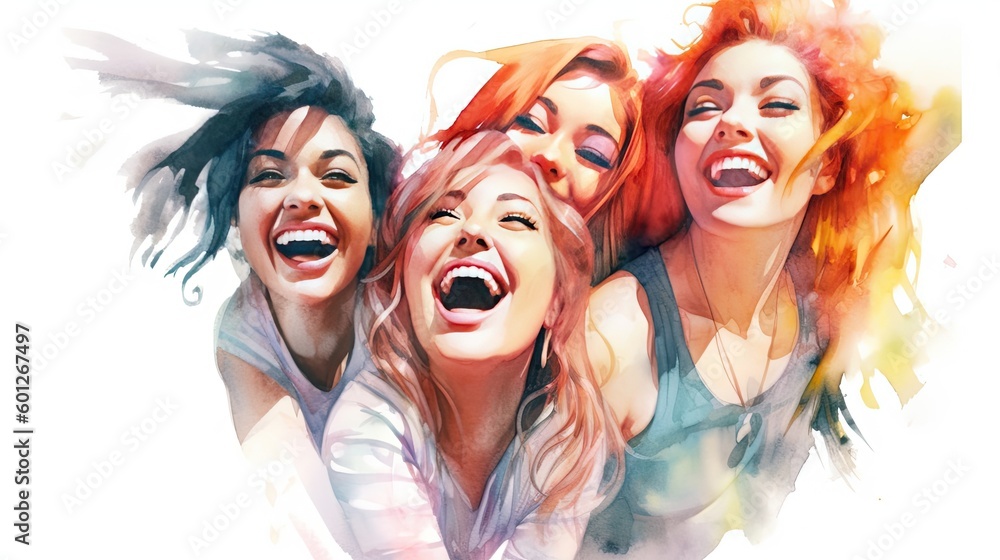 Obraz premium Watercolor painting of a Group of adult girls, happy and excited, style of website design, blank white background, cute, mixed nationality, Generative AI technology