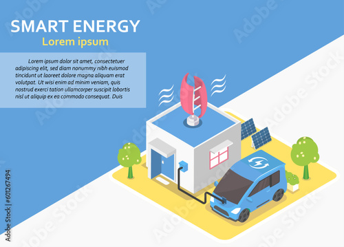Wind turbines and solar panels generate electricity for charging electric cars. green energy concept.