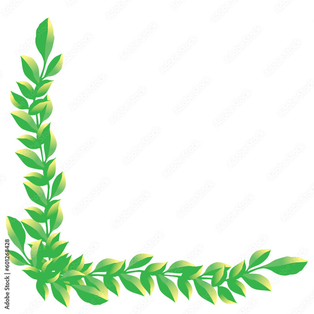 緑の葉のL字型のコーナーオーナメント｜フレーム、飾り罫イラスト