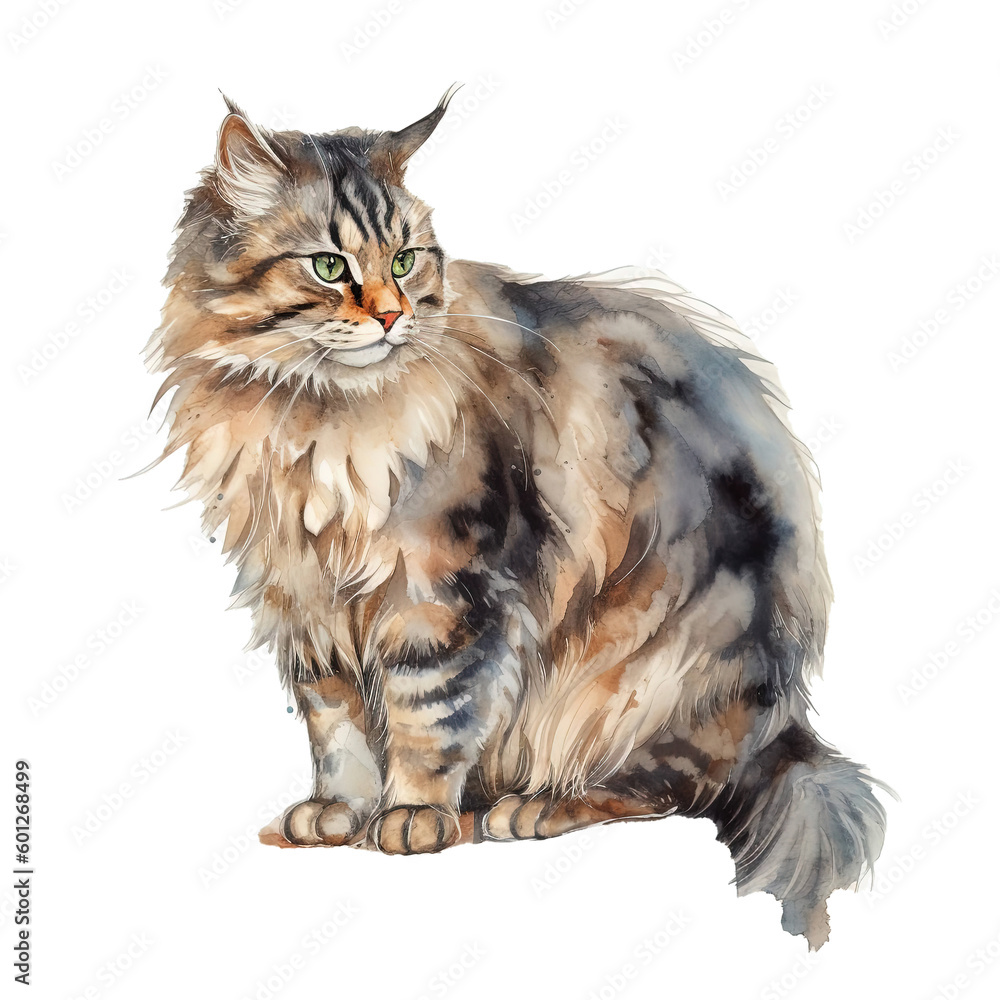 Maine Coon cat, Maine Coon cat watercolor clip art, Maine Coon cat clip