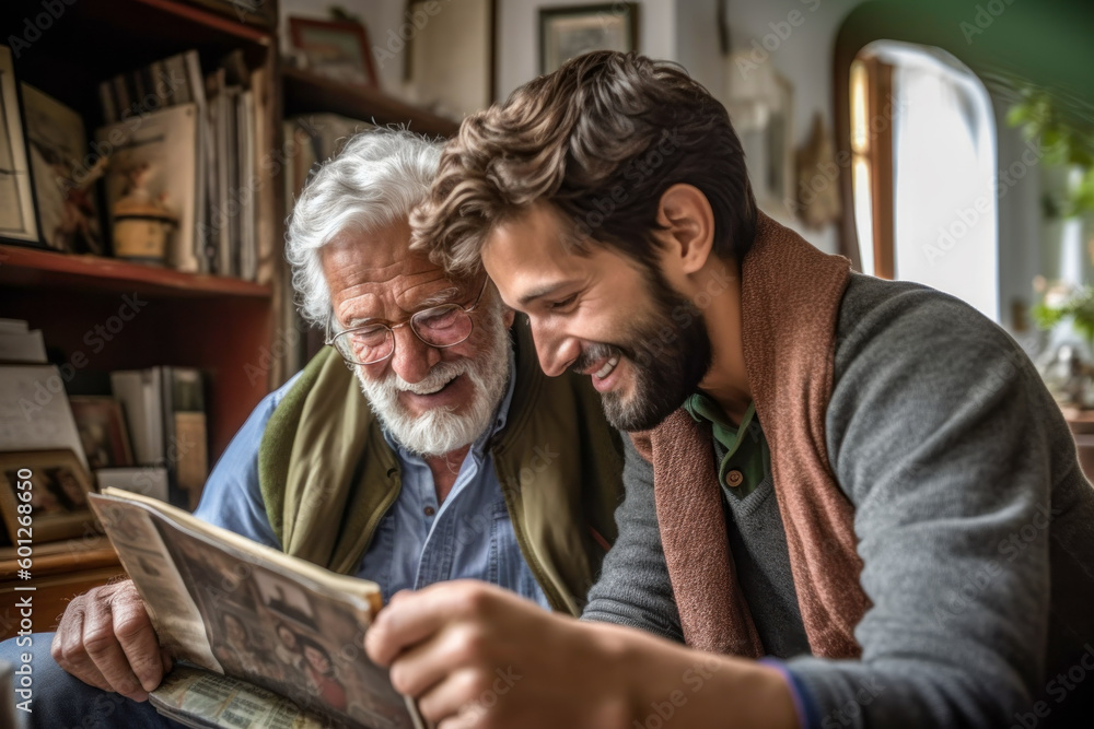 Young man enjoying his senior father looking memories at home. Fathers day. Made with Generative AI Young man enjoying his senior father looking memories at home. Fathers day. Made with Generative AI
