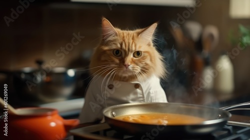 Chef Cat preparing food in the kitchen.Generative Ai