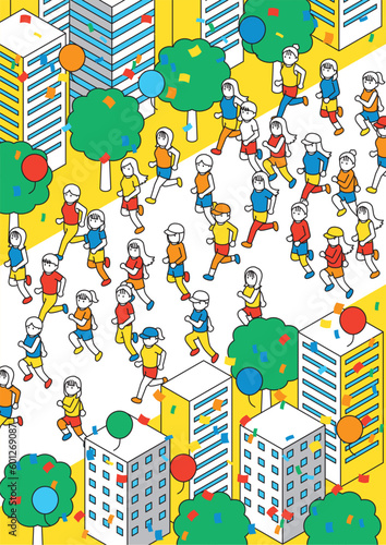 アイソメトリック　マラソンする女性　タテ