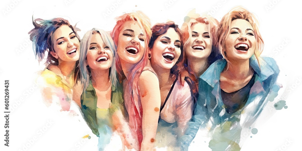 Watercolor painting of a Group of adult girls, happy and excited, style of website design, blank white background, cute, mixed nationality, Generative AI technology
