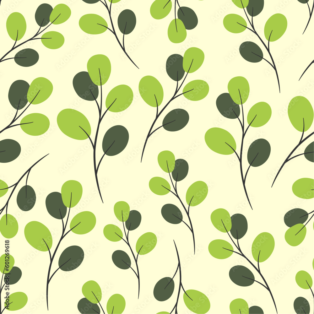 Black branches with green leafs on ivory background. Floral vector seamless pattern. Best for textile, wallpapers, wrapping paper, package and home decoration. Black branches with green leafs on ivory background. Floral vector seamless pattern. Best for textile, wallpapers, wrapping paper, package and home decoration.