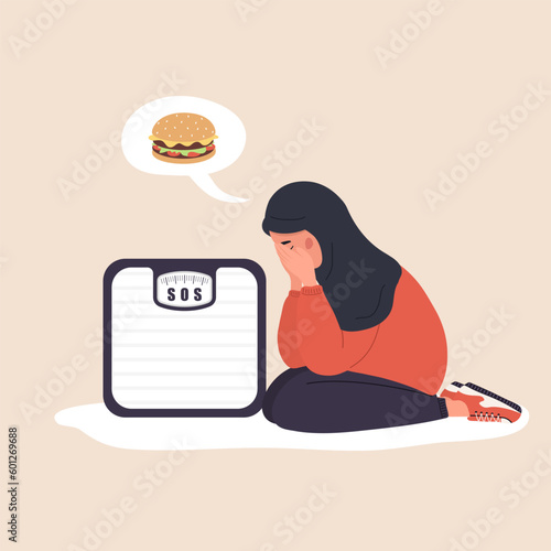 Food addiction concept. Eating disorder. Sad arabian woman sitting on floor and crying. Depressed girl thinking about hamburger. Vector illustration in flat cartoon style.