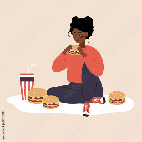 Eating disorder. Depressed african woman eating fast food. Concept of extreme overeating. Bad habits. Food addiction. Vector illustration in flat cartoon style.