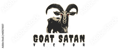 Vector graphic scary mountain goat satan with red eyes on a white isolated background. Logo, sticker or emblem.