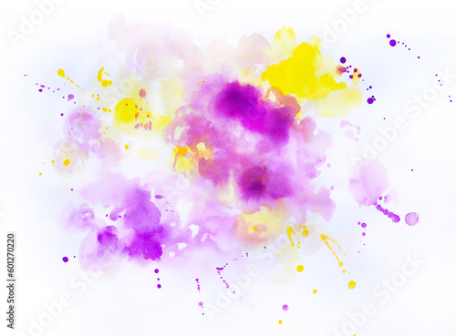 Watercolor blots with splatters, pattern of merging yellow-purple color spots, paint splashes and drops on white background. Hand-draw abstract drip stains with fading outlines, texture for design.