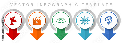 Communication icon set, miscellaneous pointer icons such as satellite antenna, cinema, 360 degree, ship wheel and globe for webdesign and mobile applications, modern design infographic vector template