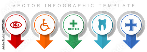 Hospital icon set, miscellaneous pointer icons such as eye, wheelchair, first aid, dentist and cross for webdesign and mobile applications, modern design infographic vector template