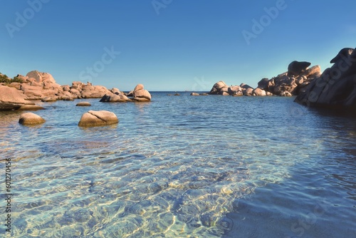 clear sea blue turquoise and rock in Corsica island at palombaggia beach