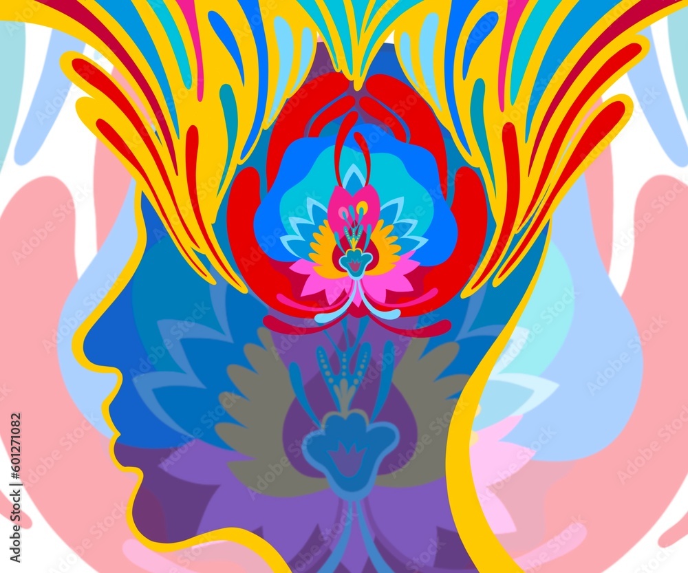 Obraz premium Concentrazione rilassamento meditazione. Forme pensiero. Fede, amore, speranza. Spiritualità. Forza di 7 chakra disegno grafico isolato. Emozioni positivi 