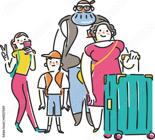 大きな荷物を持った外国人旅行客　インバウンド　イラスト素材
